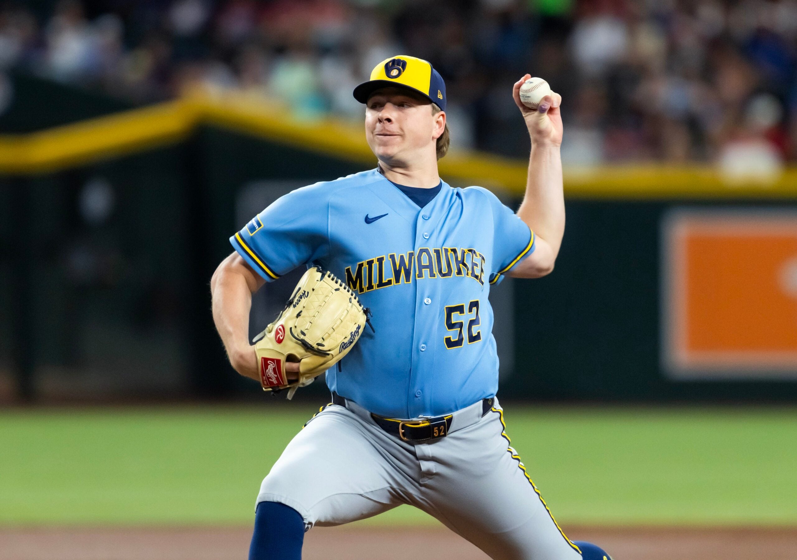Jul 3, 2026; Phoenix, Arizona, USA; Milwaukee Brewers pitcher Kyle Harrison in the first inning against the Arizona Diamondbacks at Chase Field. Mandatory Credit: Mark J. Rebilas-Imagn Images