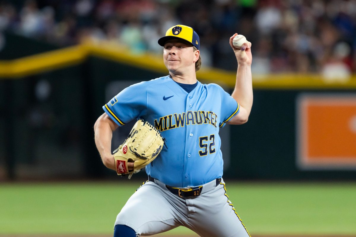 Jul 3, 2026; Phoenix, Arizona, USA; Milwaukee Brewers pitcher Kyle Harrison in the first inning against the Arizona Diamondbacks at Chase Field. Mandatory Credit: Mark J. Rebilas-Imagn Images