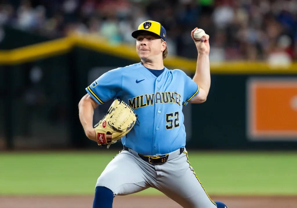 Jul 3, 2026; Phoenix, Arizona, USA; Milwaukee Brewers pitcher Kyle Harrison in the first inning against the Arizona Diamondbacks at Chase Field. Mandatory Credit: Mark J. Rebilas-Imagn Images