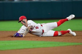 Jul 3, 2026; Anaheim, California, USA; Los Angeles Angels shortstop Zach Neto (9) catches the line drive of Boston Red Sox right fielder Nate Eaton (18) which results in a doulbe play during the eighth inning at Angel Stadium. Mandatory Credit: Gary A. Vasquez-Imagn Images