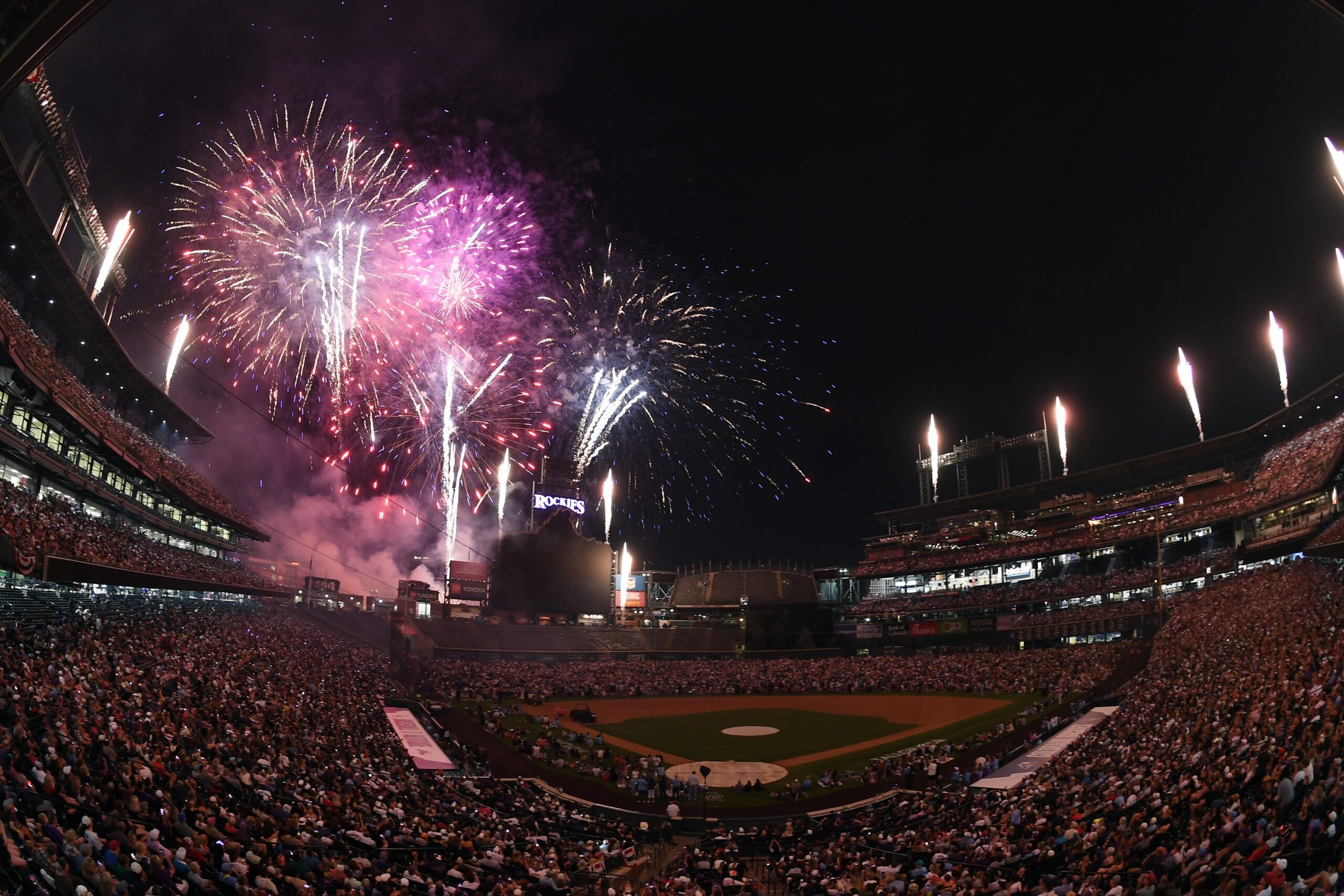 Jul 3, 2026; Denver, Colorado, USA;  Fireworks explode over Coors Field after the Colorado Rockies win against the San Francisco Giants. Mandatory Credit: Christopher Hanewinckel-Imagn Images