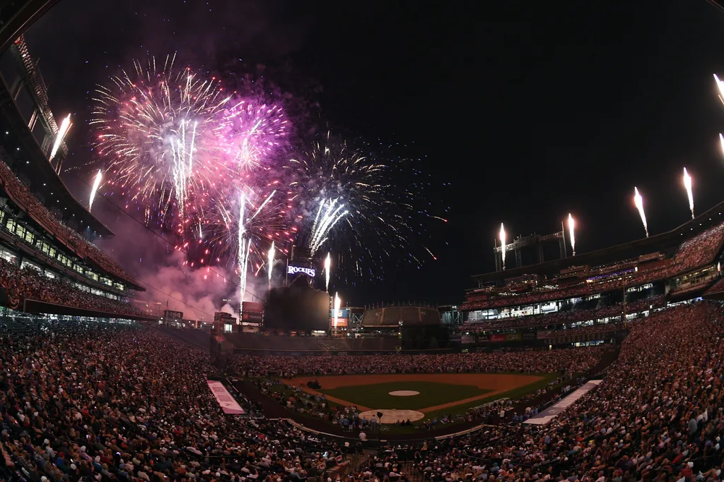 Jul 3, 2026; Denver, Colorado, USA; Fireworks explode over Coors Field after the Colorado Rockies win against the San Francisco Giants. Mandatory Credit: Christopher Hanewinckel-Imagn Images