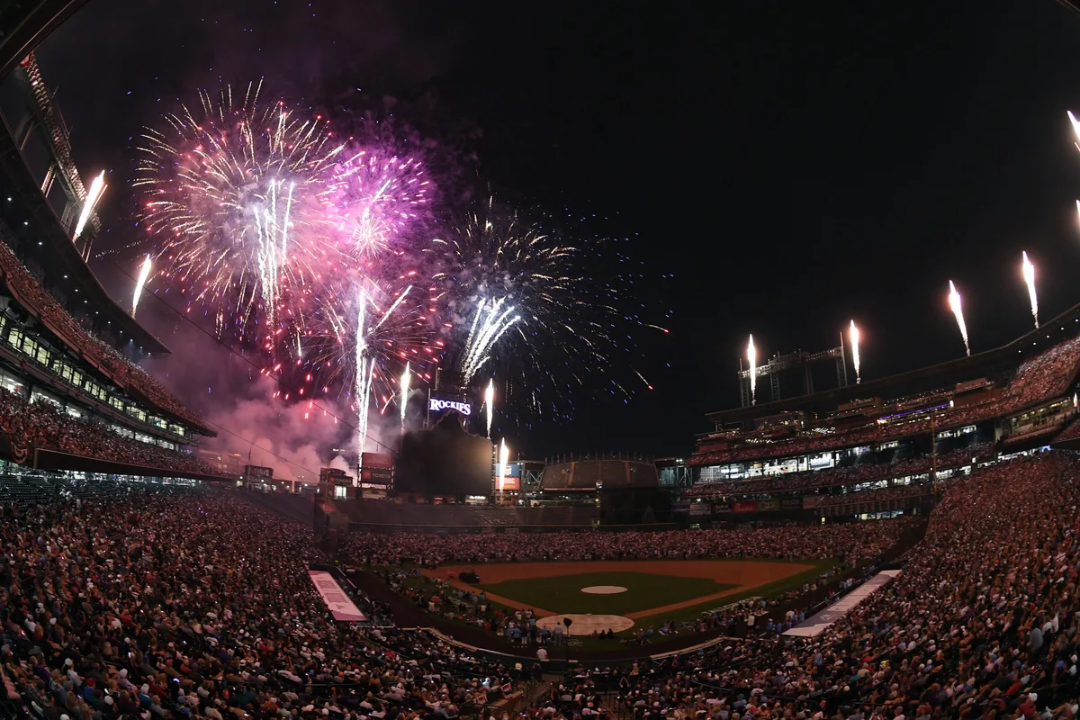 Jul 3, 2026; Denver, Colorado, USA; Fireworks explode over Coors Field after the Colorado Rockies win against the San Francisco Giants. Mandatory Credit: Christopher Hanewinckel-Imagn Images