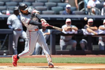 Jul 4, 2026; Bronx, New York, USA;  Minnesota Twins center fielder Byron Buxton (25) hits an RBI double in the first inning against the New York Yankees at Yankee Stadium. Mandatory Credit: Wendell Cruz-Imagn Images