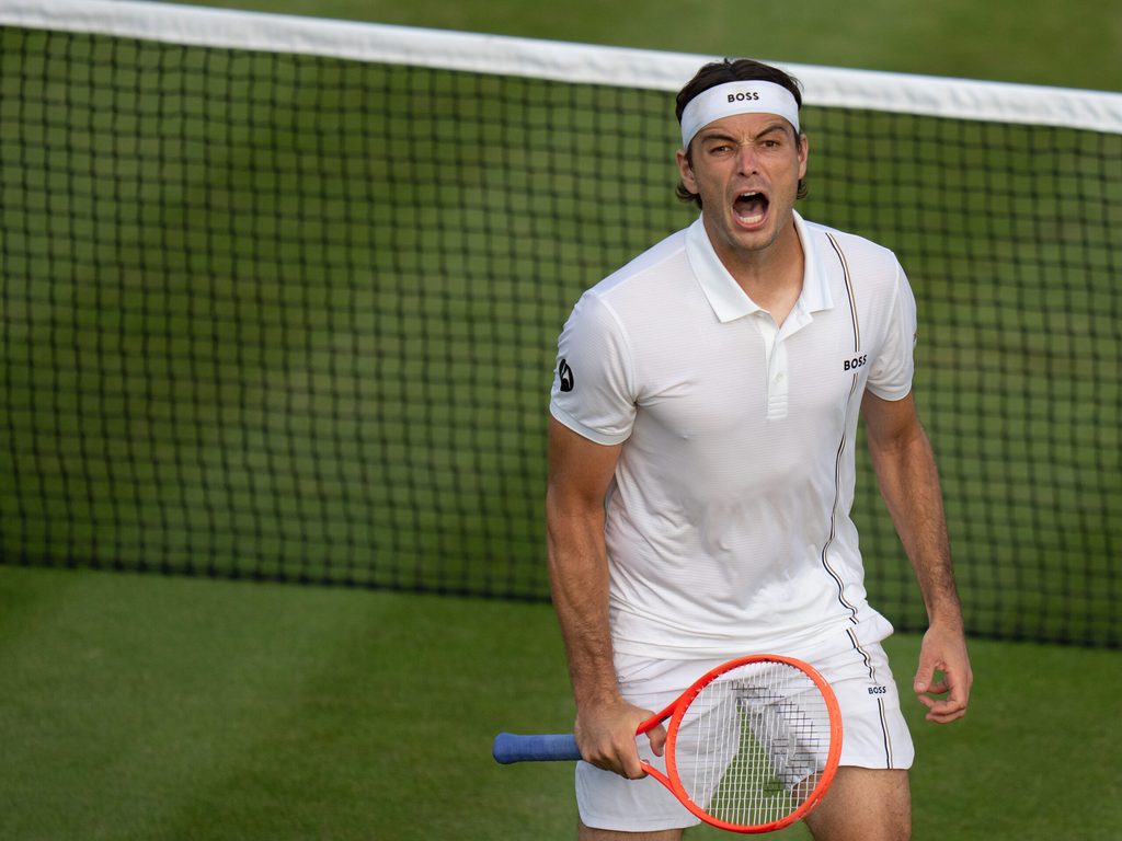 Jul 4, 2026; London, United Kingdom; Taylor Fritz of the United States celebrates winning his match against Lorenzo Sonego of Italy on day six at All England Lawn Tennis and Croquet Club. Mandatory Credit: Susan Mullane-Imagn Images