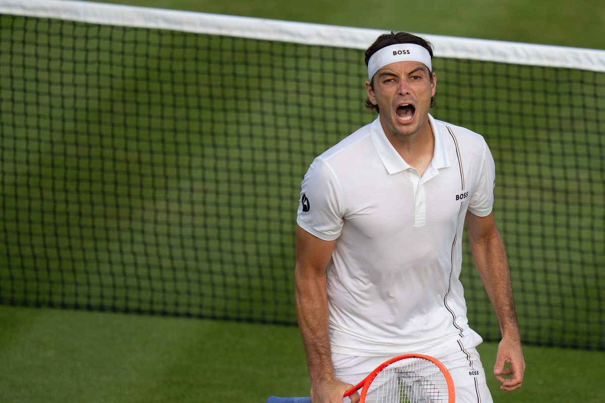 Jul 4, 2026; London, United Kingdom; Taylor Fritz of the United States celebrates winning his match against Lorenzo Sonego of Italy on day six at All England Lawn Tennis and Croquet Club. Mandatory Credit: Susan Mullane-Imagn Images