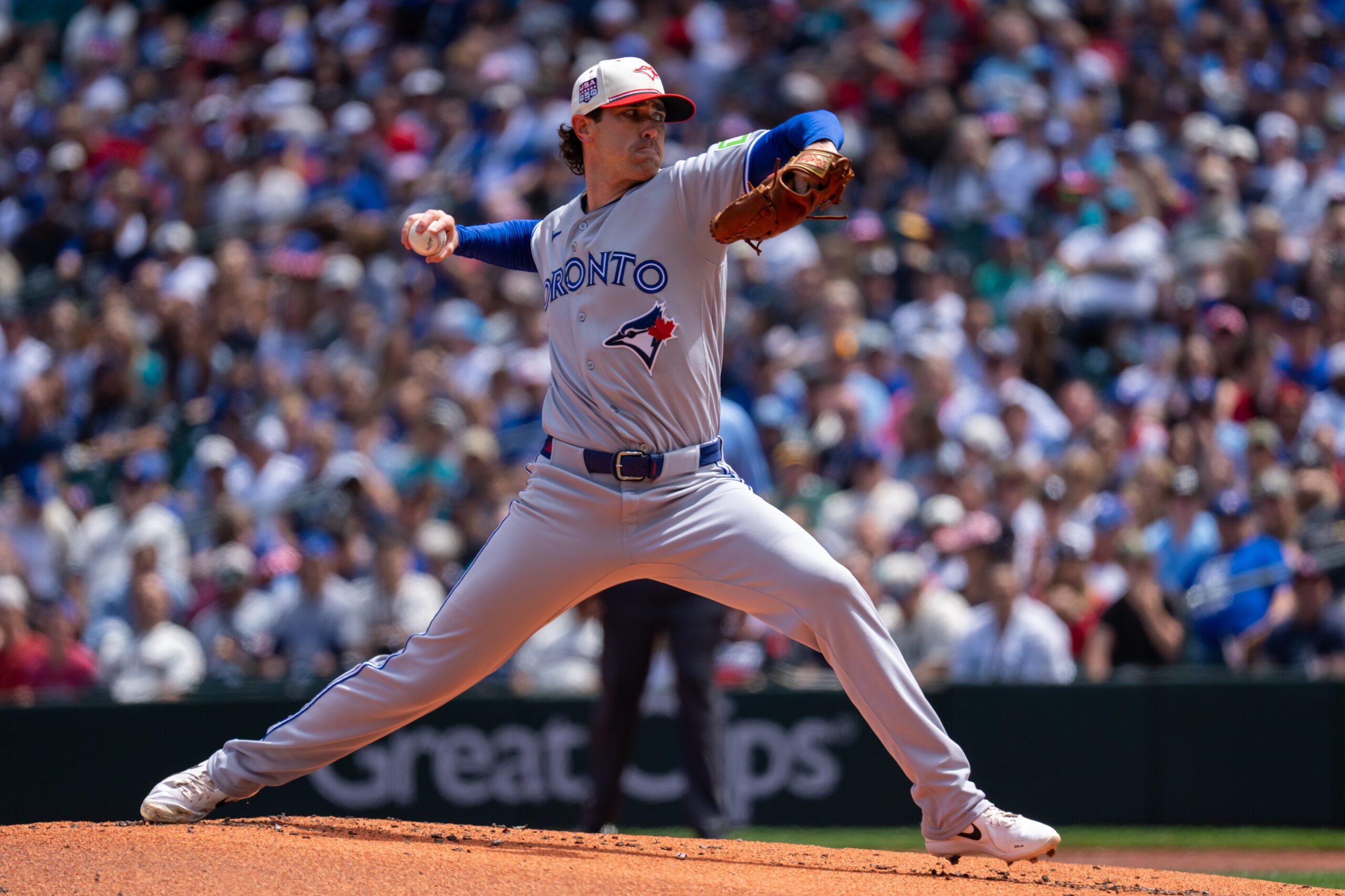 Jul 4, 2026; Seattle, Washington, USA;  Toronto Blue Jays starter Shane Bieber (57) delivers a pitch during the first inning against the Seattle Mariners at T-Mobile Park. Mandatory Credit: Stephen Brashear-Imagn Images