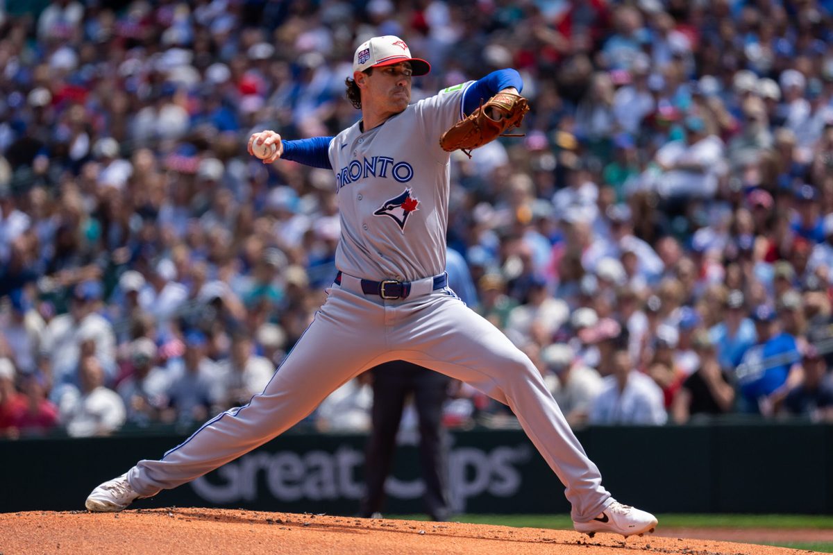Jul 4, 2026; Seattle, Washington, USA; Toronto Blue Jays starter Shane Bieber (57) delivers a pitch during the first inning against the Seattle Mariners at T-Mobile Park. Mandatory Credit: Stephen Brashear-Imagn Images