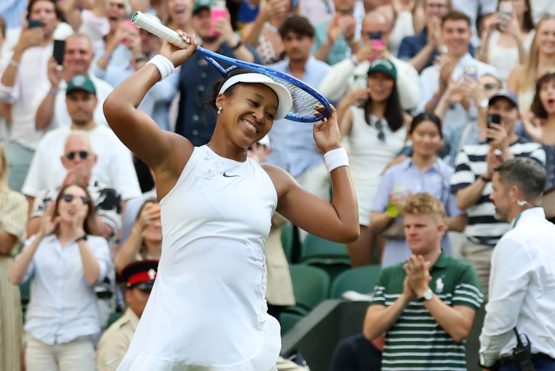 Jul 5, 2026; London, United Kingdom; Naomi Osaka (JPN) celebrates after her match against Aryna Sabalenka (not pictured) on day seven of The Championships Wimbledon 2026 at All England Lawn Tennis and Croquet Club. Mandatory Credit: Geoff Burke-Imagn Images