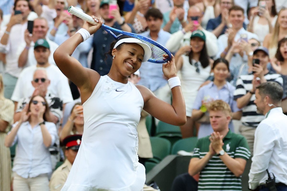 Jul 5, 2026; London, United Kingdom; Naomi Osaka (JPN) celebrates after her match against Aryna Sabalenka (not pictured) on day seven of The Championships Wimbledon 2026 at All England Lawn Tennis and Croquet Club. Mandatory Credit: Geoff Burke-Imagn Images