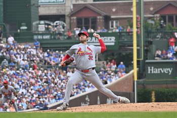 Jul 5, 2026; Chicago, Illinois, USA; St. Louis Cardinals pitcher Matthew Liberatore (32) pitches against the Chicago Cubs during the first inning at Wrigley Field. Mandatory Credit: Patrick Gorski-Imagn Images