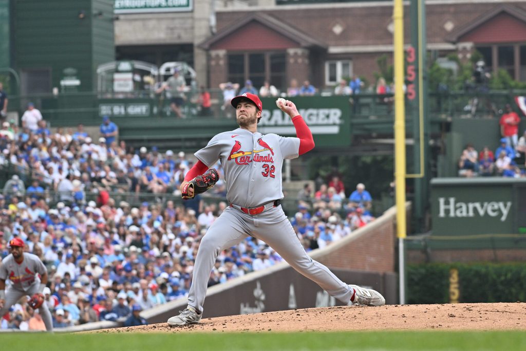 Jul 5, 2026; Chicago, Illinois, USA; St. Louis Cardinals pitcher Matthew Liberatore (32) pitches against the Chicago Cubs during the first inning at Wrigley Field. Mandatory Credit: Patrick Gorski-Imagn Images