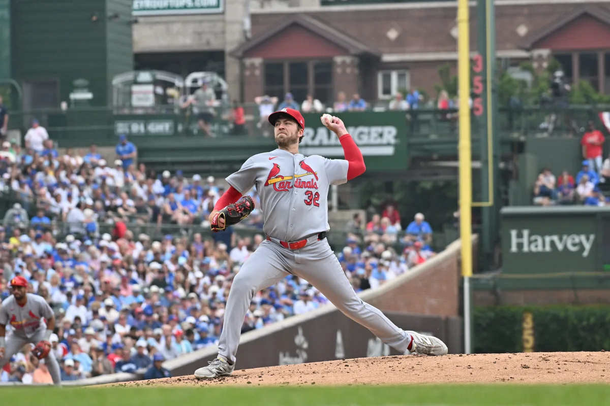 Jul 5, 2026; Chicago, Illinois, USA; St. Louis Cardinals pitcher Matthew Liberatore (32) pitches against the Chicago Cubs during the first inning at Wrigley Field. Mandatory Credit: Patrick Gorski-Imagn Images