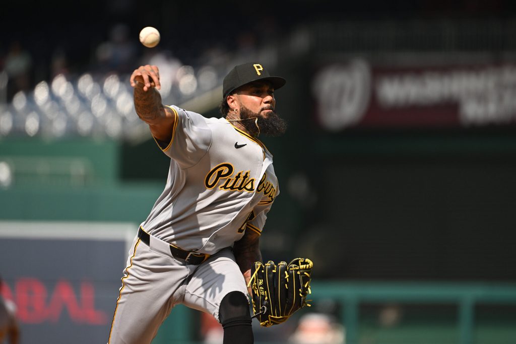 Jul 5, 2026; Washington, District of Columbia, USA; Pittsburgh Pirates pitcher Dennis Santana (60) throws a pitch against the Washington Nationals during the ninth inning at Nationals Park. Mandatory Credit: Rafael Suanes-Imagn Images