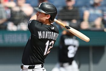 Jul 5, 2026; Cleveland, Ohio, USA; Chicago White Sox shortstop Colson Montgomery (12) hits a home run during the third inning against the Cleveland Guardians at Progressive Field. Mandatory Credit: Ken Blaze-Imagn Images
