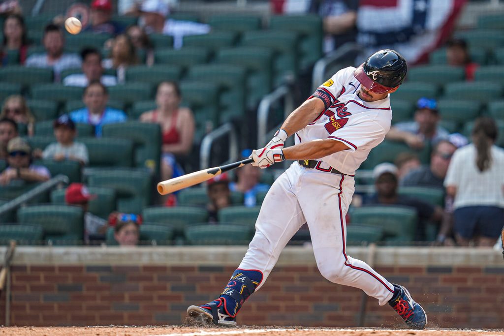 Jul 5, 2026; Cumberland, Georgia, USA; Atlanta Braves catcher Drake Baldwin (30) hits a grand slam home run against the New York Mets during the ninth inning at Truist Park. Mandatory Credit: Dale Zanine-Imagn Images