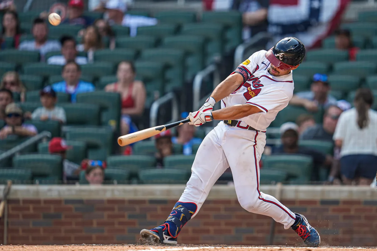 Jul 5, 2026; Cumberland, Georgia, USA; Atlanta Braves catcher Drake Baldwin (30) hits a grand slam home run against the New York Mets during the ninth inning at Truist Park. Mandatory Credit: Dale Zanine-Imagn Images