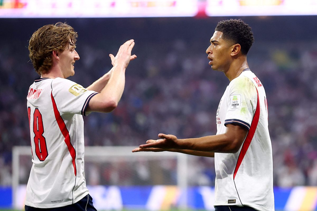 July 5, 2026; Mexico City, Mexico; England's Jude Bellingham celebrates scoring their first goal with Anthony Gordon.  Mandatory Credit: Eloisa Sanchez-Reuters via Imagn Images