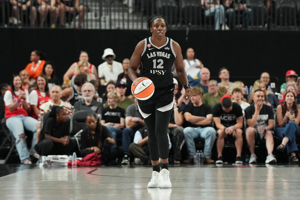 Jul 5, 2026; Las Vegas, Nevada, USA; Las Vegas Aces guard Chelsea Gray (12) dribbles against against the Indiana Fever in the first quarter of their game at T-Mobile Arena. Mandatory Credit: Candice Ward-Imagn Images