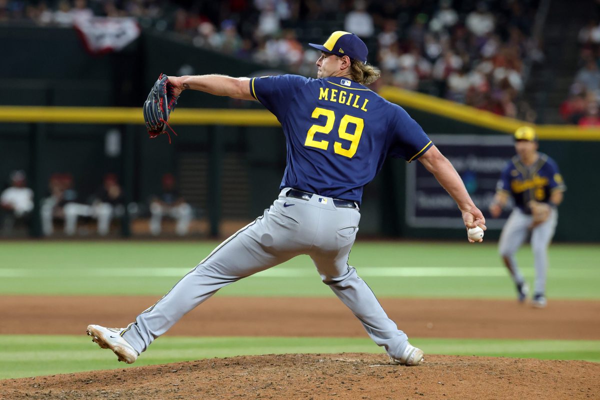 Jul 5, 2026; Phoenix, Arizona, USA; Milwaukee Brewers pitcher Trevor Megill against the Arizona Diamondbacks at Chase Field. Mandatory Credit: Mark J. Rebilas-Imagn Images