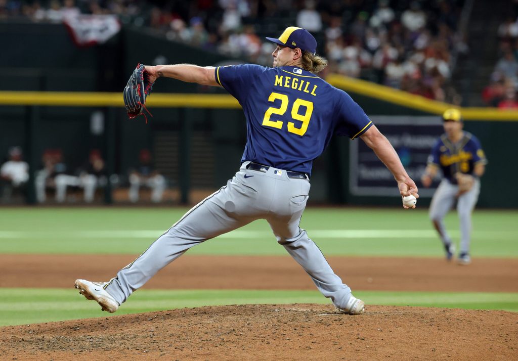 Jul 5, 2026; Phoenix, Arizona, USA; Milwaukee Brewers pitcher Trevor Megill against the Arizona Diamondbacks at Chase Field. Mandatory Credit: Mark J. Rebilas-Imagn Images