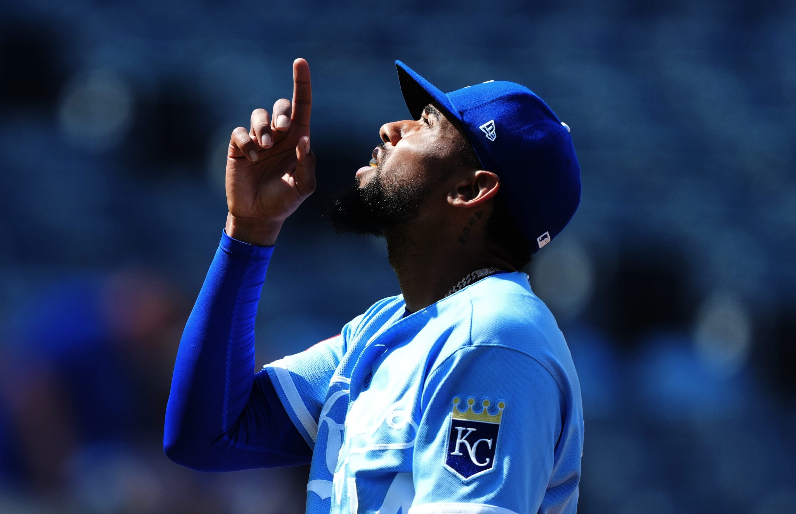 Jul 6, 2026; Kansas City, Missouri, USA; Kansas City Royals pitcher Jose Cuas (74) reacts after defeating the Philadelphia Phillies at Kauffman Stadium. Mandatory Credit: Jay Biggerstaff-Imagn Images