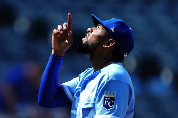 Jul 6, 2026; Kansas City, Missouri, USA; Kansas City Royals pitcher Jose Cuas (74) reacts after defeating the Philadelphia Phillies at Kauffman Stadium. Mandatory Credit: Jay Biggerstaff-Imagn Images
