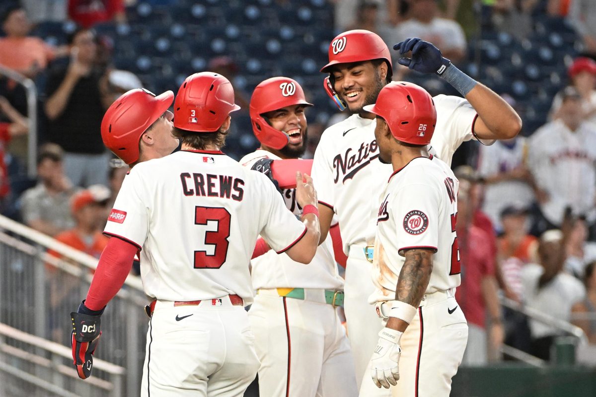 Jul 6, 2026; Washington, District of Columbia, USA; Washington Nationals designated hitter James Wood (29) is congratulated by teammates after hitting a grand slam during the fifth inning against the Houston Astros at Nationals Park. Mandatory Credit: Brad Mills-Imagn Images