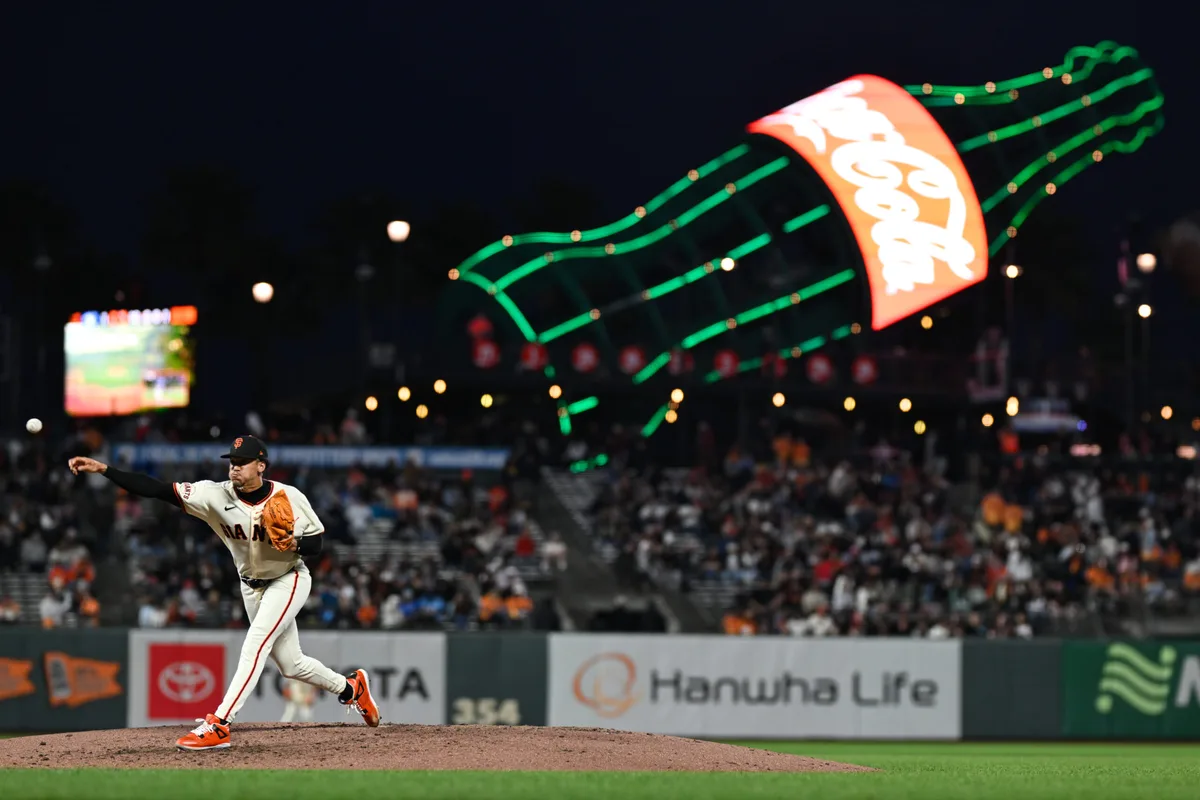 Jul 6, 2026; San Francisco, California, USA; San Francisco Giants pitcher Spencer Bivens (76) throws against the Toronto Blue Jays in the ninth inning at Oracle Park. Mandatory Credit: Eakin Howard-Imagn Images