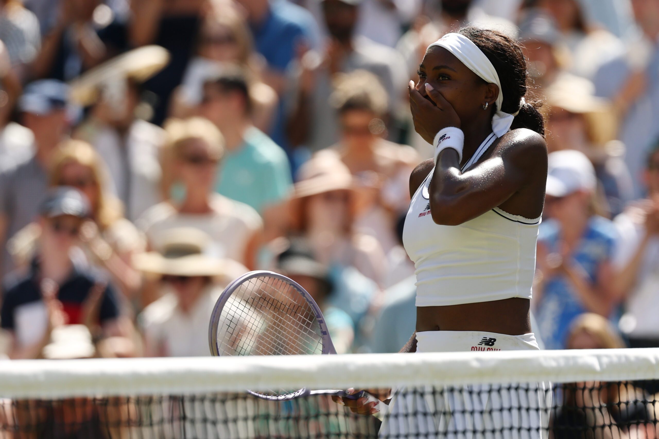 Jul 7, 2026; London, United Kingdom; Coco Gauff (USA) reacts after her match against Jessica Pegula (USA) (not pictured) on day nine of The Championships Wimbledon 2026 at All England Lawn Tennis and Croquet Club. Mandatory Credit: Geoff Burke-Imagn Images