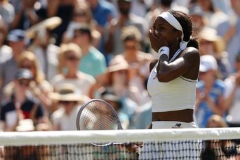 Jul 7, 2026; London, United Kingdom; Coco Gauff (USA) reacts after her match against Jessica Pegula (USA) (not pictured) on day nine of The Championships Wimbledon 2026 at All England Lawn Tennis and Croquet Club. Mandatory Credit: Geoff Burke-Imagn Images