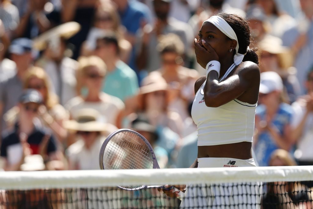 Jul 7, 2026; London, United Kingdom; Coco Gauff (USA) reacts after her match against Jessica Pegula (USA) (not pictured) on day nine of The Championships Wimbledon 2026 at All England Lawn Tennis and Croquet Club. Mandatory Credit: Geoff Burke-Imagn Images