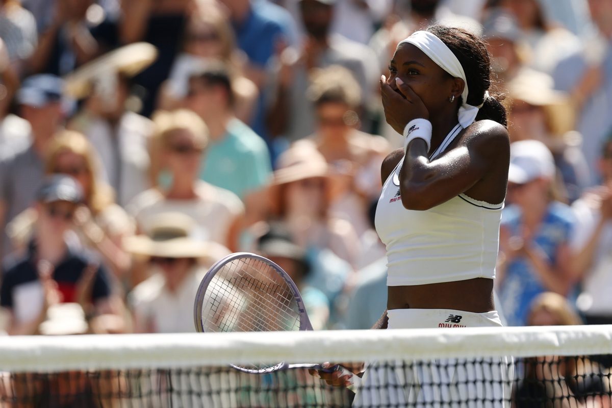 Jul 7, 2026; London, United Kingdom; Coco Gauff (USA) reacts after her match against Jessica Pegula (USA) (not pictured) on day nine of The Championships Wimbledon 2026 at All England Lawn Tennis and Croquet Club. Mandatory Credit: Geoff Burke-Imagn Images