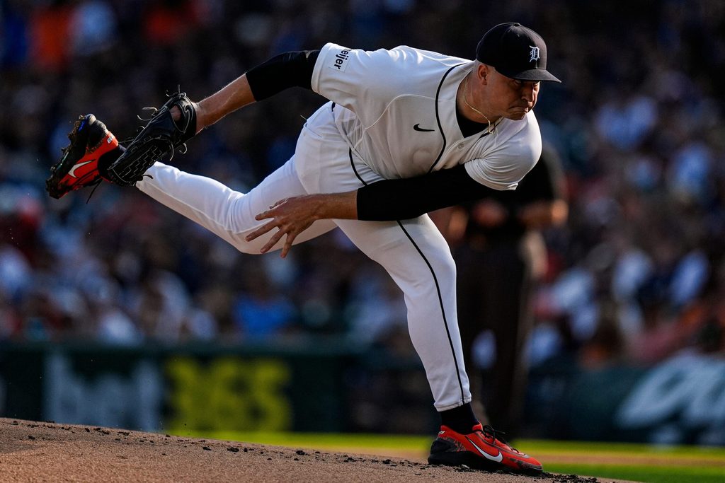 Detroit Tigers pitcher Tarik Skubal (29) throws against Athletics during the first inning at Comerica Park in Detroit on Tuesday, July 7, 2026.