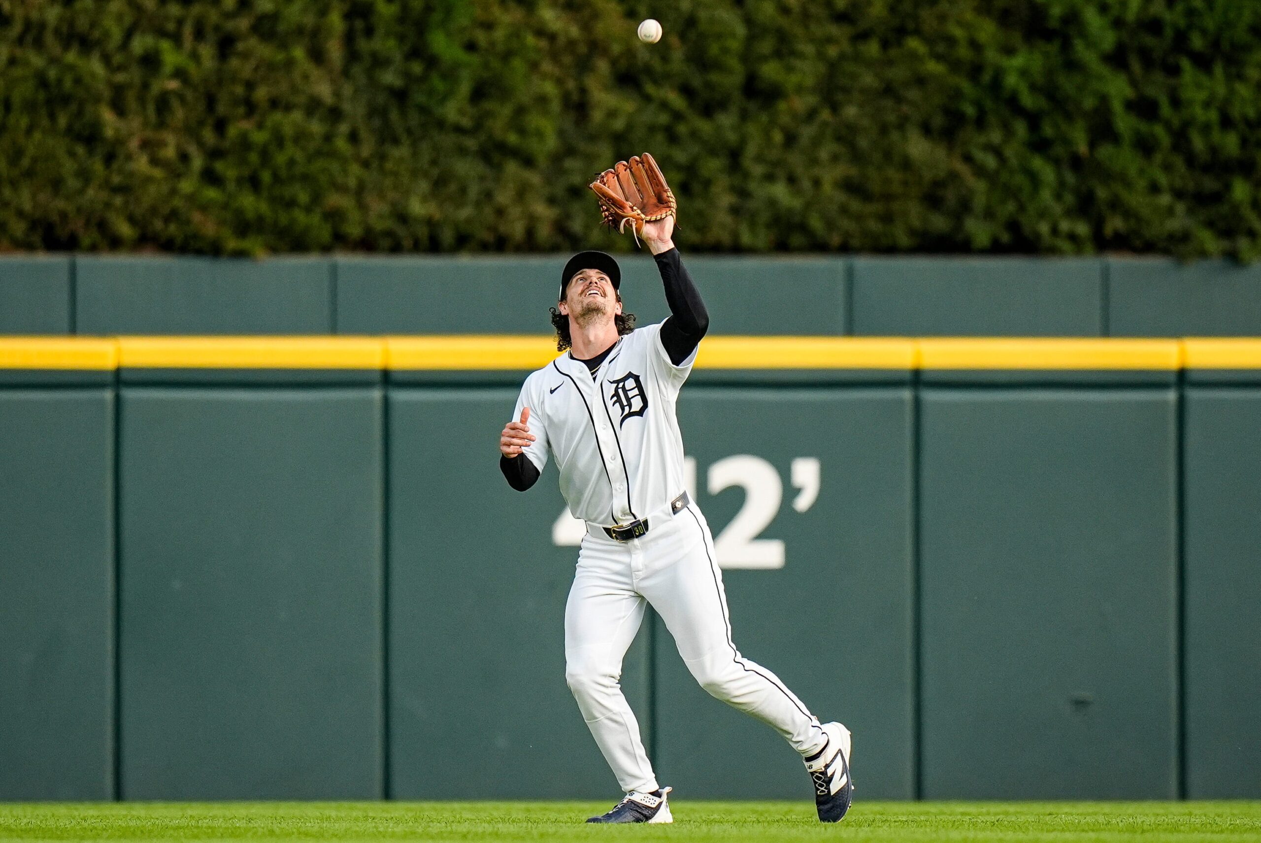 Detroit Tigers center fielder James Outman (43) catches for a fly out against Athletics during the third inning at Comerica Park in Detroit on Tuesday, July 7, 2026.