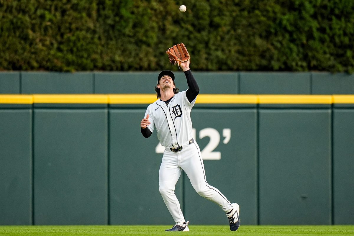 Detroit Tigers center fielder James Outman (43) catches for a fly out against Athletics during the third inning at Comerica Park in Detroit on Tuesday, July 7, 2026.
