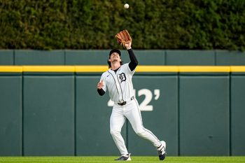 Detroit Tigers center fielder James Outman (43) catches for a fly out against Athletics during the third inning at Comerica Park in Detroit on Tuesday, July 7, 2026.