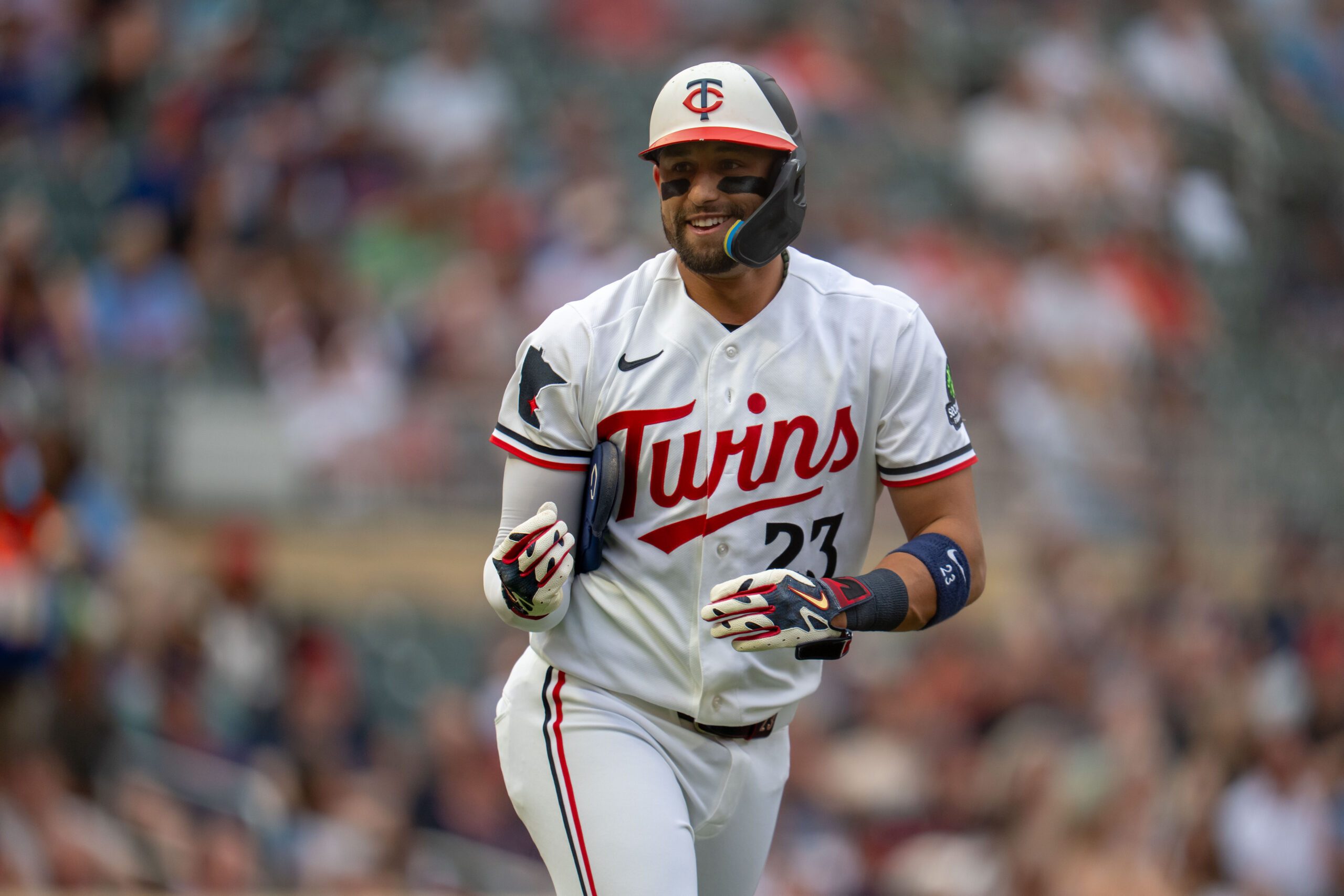 Jul 7, 2026; Minneapolis, Minnesota, USA; Minnesota Twins first baseman Royce Lewis (23) reacts to drawing a walk against the Cleveland Guardians in the first inning at Target Field. Mandatory Credit: Jesse Johnson-Imagn Images