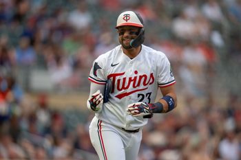 Jul 7, 2026; Minneapolis, Minnesota, USA; Minnesota Twins first baseman Royce Lewis (23) reacts to drawing a walk against the Cleveland Guardians in the first inning at Target Field. Mandatory Credit: Jesse Johnson-Imagn Images