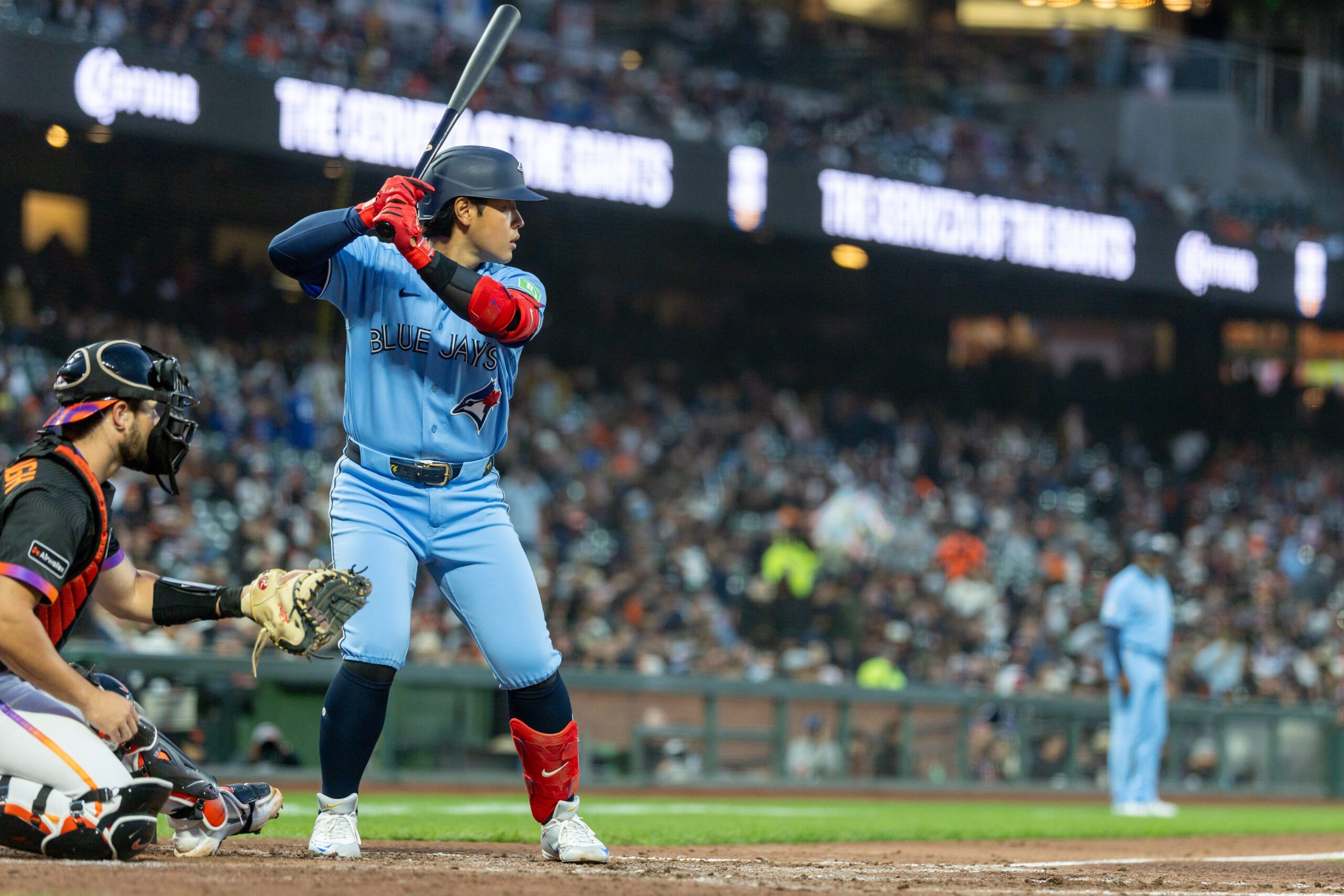 Jul 7, 2026; San Francisco, California, USA; Toronto Blue Jays third baseman Kazuma Okamoto (7) up to bat during the seventh inning against the San Francisco Giants at Oracle Park. Mandatory Credit: Bob Kupbens-Imagn Images