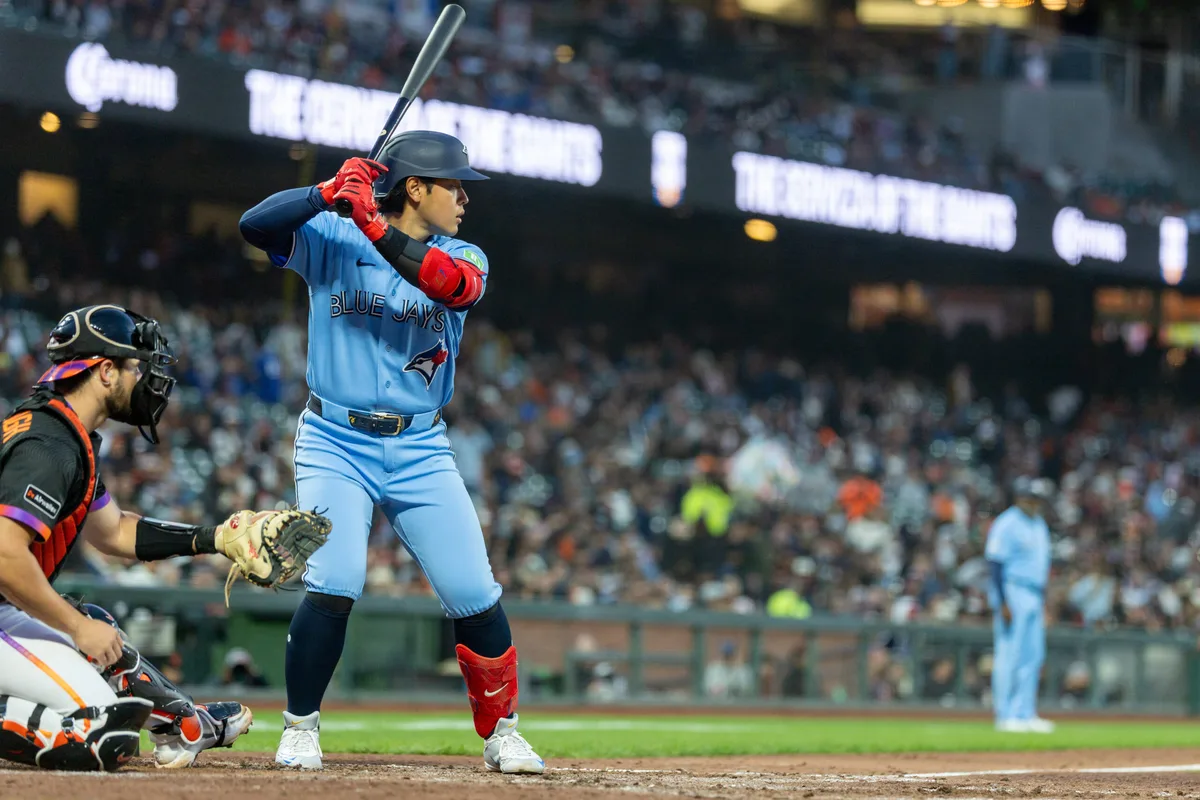 Jul 7, 2026; San Francisco, California, USA; Toronto Blue Jays third baseman Kazuma Okamoto (7) up to bat during the seventh inning against the San Francisco Giants at Oracle Park. Mandatory Credit: Bob Kupbens-Imagn Images