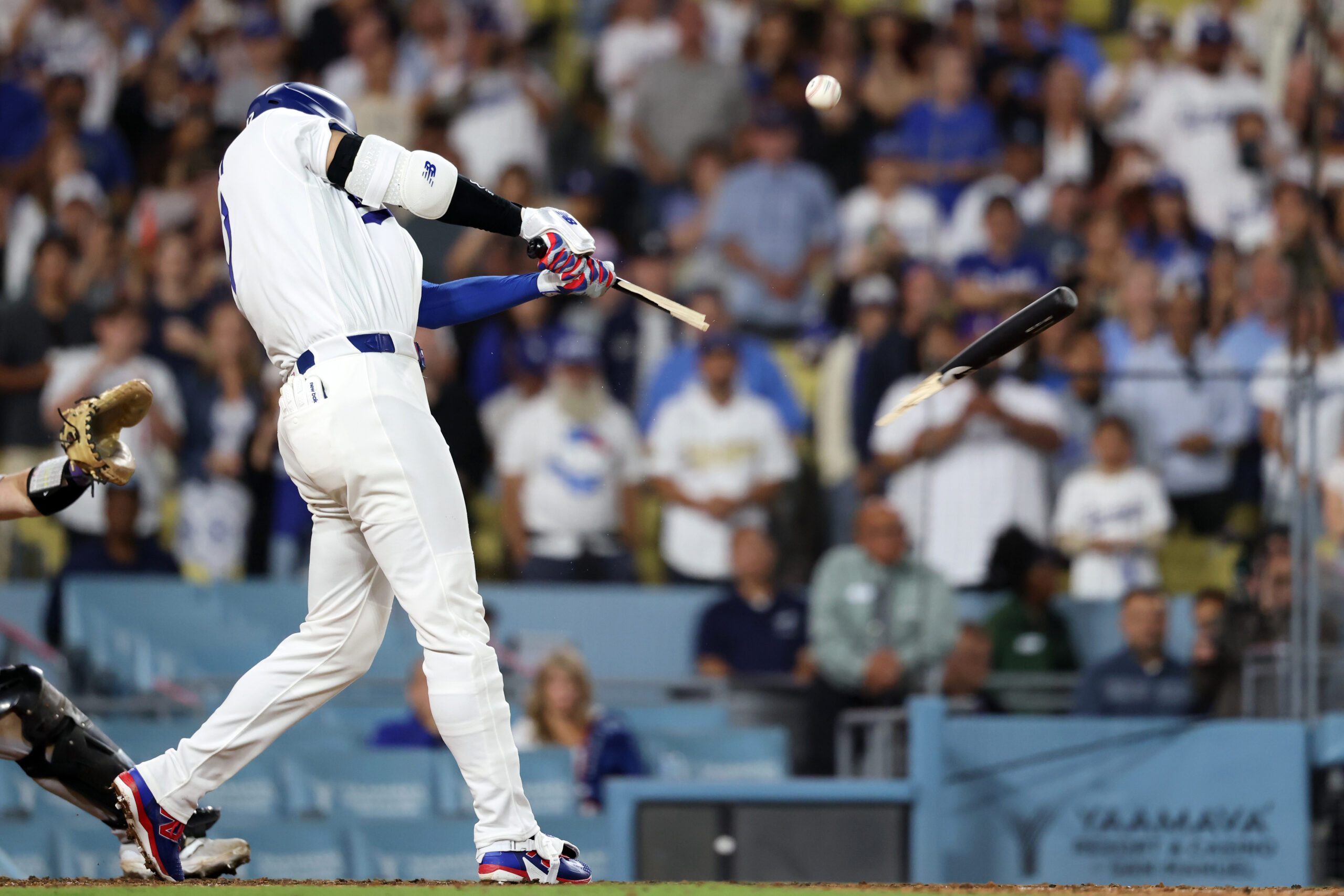 Jul 7, 2026; Los Angeles, California, USA;  Los Angeles Dodgers designated hitter Shohei Ohtani (17) brakes his bat during the ninth inning against the Colorado Rockies at Dodger Stadium. Mandatory Credit: Kiyoshi Mio-Imagn Images