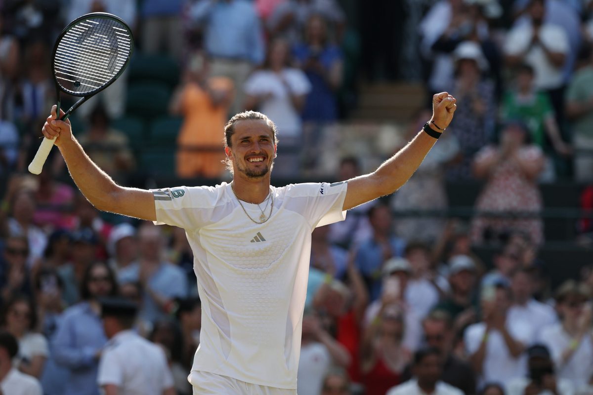 Jul 6, 2026; London, United Kingdom; Alexander Zverev (GER) celebrates after his match against Taylor Fritz (USA) (not pictured) on day 10 of The Championships Wimbledon 2026 at All England Lawn Tennis and Croquet Club. Mandatory Credit: Geoff Burke-Imagn Images