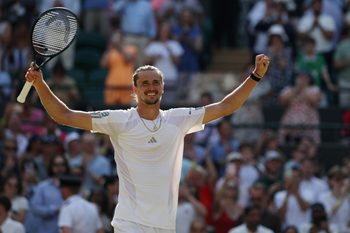 Jul 6, 2026; London, United Kingdom; Alexander Zverev (GER) celebrates after his match against Taylor Fritz (USA) (not pictured) on day 10 of The Championships Wimbledon 2026 at All England Lawn Tennis and Croquet Club. Mandatory Credit: Geoff Burke-Imagn Images