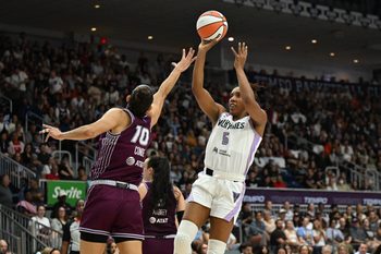 Jul 8, 2026; Toronto, Ontario, CAN;  Golden State Valkyries forward Kayla Thornton (5) shoots the ball as Toronto Tempo guard Maria Conde (10) defends in the first half at Coca-Cola Coliseum. Mandatory Credit: Dan Hamilton-Imagn Images