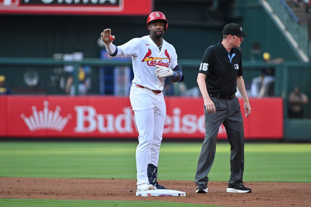 Jul 8, 2026; St. Louis, Missouri, USA; St. Louis Cardinals right fielder Jordan Walker (18) reacts after hitting a one run double against the Milwaukee Brewers during the first inning at Busch Stadium. Mandatory Credit: Jeff Curry-Imagn Images