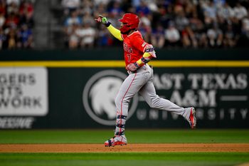 Jul 8, 2026; Arlington, Texas, USA; Los Angeles Angels right fielder Jo Adell (7) rounds the bases after he hits a three run home run against the Texas Rangers during the fifth inning at Globe Life Field. Mandatory Credit: Jerome Miron-Imagn Images