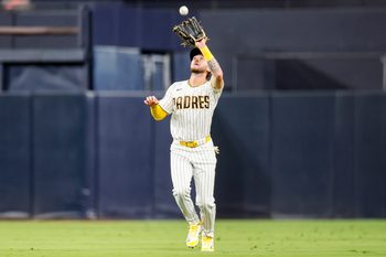 Jul 8, 2026; San Diego, California, USA; San Diego Padres center fielder Jackson Merrill (3) makes a catch for an out during the fifth inning against the Arizona Diamondbacks at Petco Park. Mandatory Credit: David Frerker-Imagn Images
