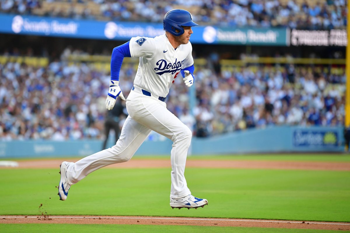 Jul 8, 2026; Los Angeles, California, USA; Los Angeles Dodgers first baseman Freddie Freeman (5) runs to first base after hitting a double in the first inning against the Colorado Rockies at Dodger Stadium. Mandatory Credit: Gary A. Vasquez-Imagn Images