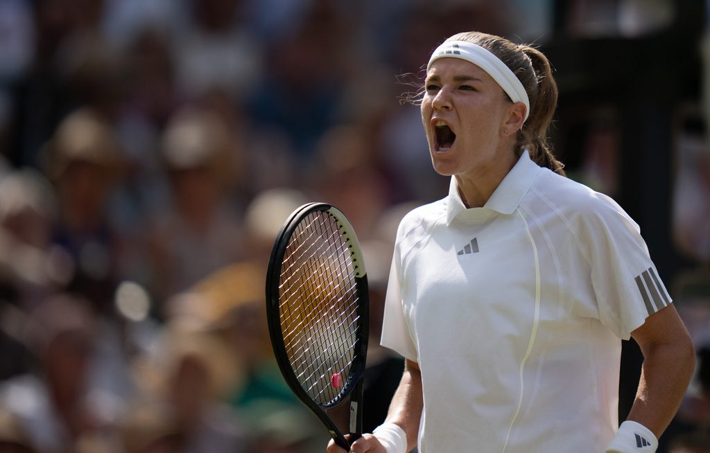 Jul 9, 2026; London, United Kingdom; Karolina Muchova of the Czech Republic reacts during her match against Coco Gauff of the United States on day 11 at All England Lawn Tennis and Croquet Club. Mandatory Credit: Susan Mullane-Imagn Images
